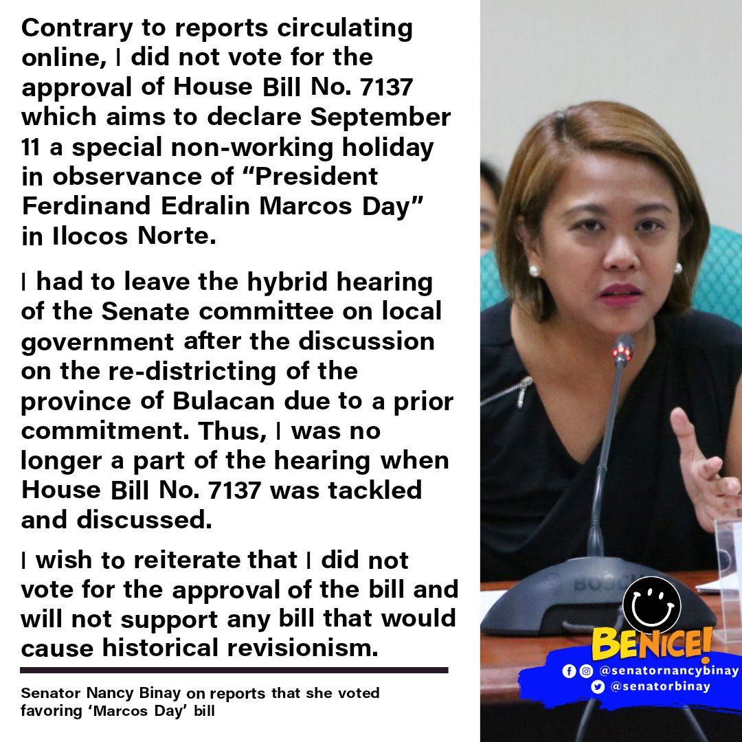 Contrary to reports circulating online, I did not vote for the approval of House Bill No. 7137 which aims to declare September 11 a special non-working holiday in observance of “President Ferdinand Edralin Marcos Day” in Ilocos Norte. https://t.co/giZ0dIJATy
