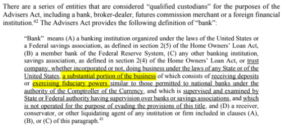 10/ What it DOESN'T mean, tho, is that all trust cos fail to qualify. Here's the standard--a trust co is a  #qualifiedcustodian as long as "a substantial portion" of its biz involves "exercising fiduciary powers similar to those permitted to national banks" as defined by the OCC.