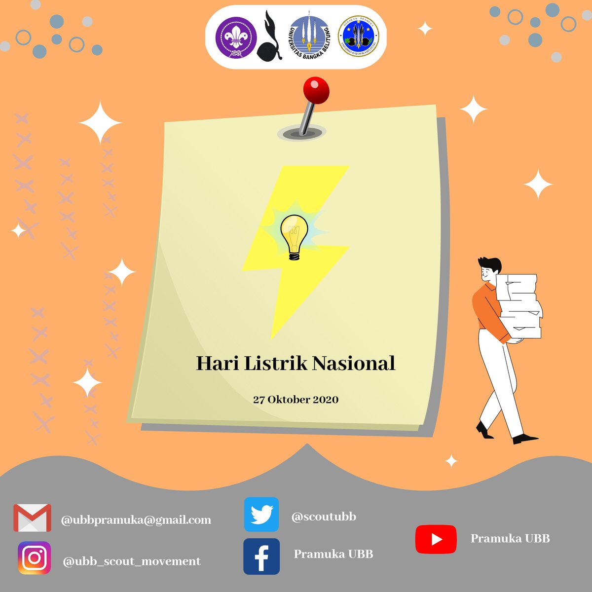 SATYAKU KU DHARMAKAN, DHARMAKU KU BHAKTIKAN
SALAM PRAMUKA⚜️
HALLO KAKAK👋🏻
[UBB SCOUT MOVEMENT]
-HARI LISTRIK NASIONAL-
27 Oktober 2020
#ubbscoutmovement
#gerakanpramukaubb
#pramukabangka
#pramukababel