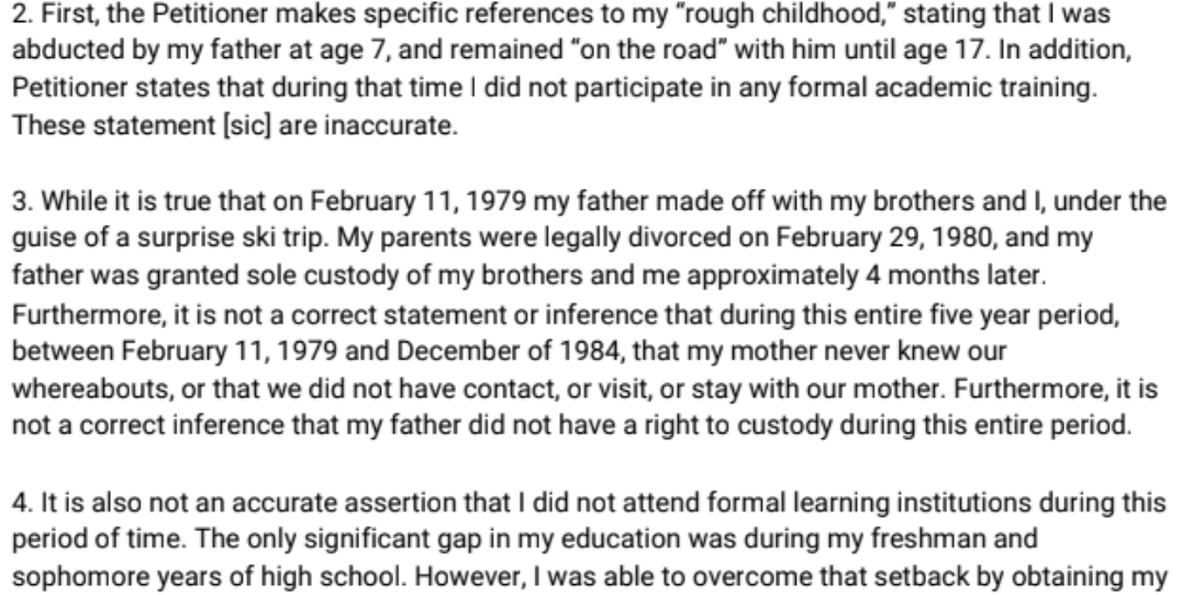The response contains a usual amount of defense for a man accused of abuse. He starts off refuting Reade’s notion that he was kidnapped as a child (& therefore has a “propensity” towards kidnapping), & later on he surmises the roots of Reade's accusations about the puppy.4/a