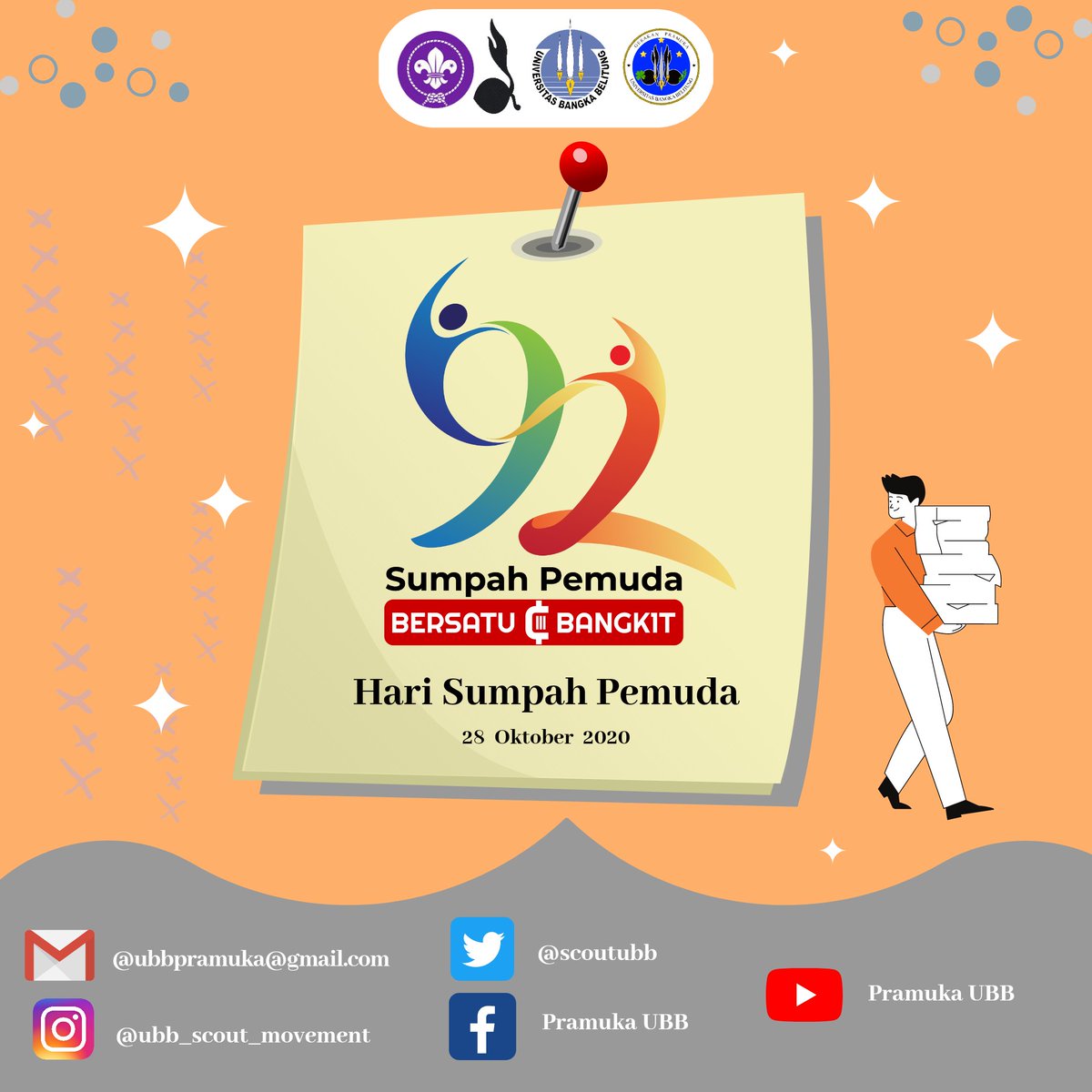 SATYAKU KU DHARMAKAN, DHARMAKU KU BHAKTIKAN
SALAM PRAMUKA⚜️
HALLO KAKAK👋🏻
[UBB SCOUT MOVEMENT]
-HARI SUMPAH PEMUDA-
28 Oktober 2020
#ubbscoutmovement
#gerakanpramukaubb
#pramukabangka
#pramukababel