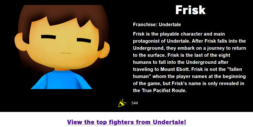 FriskSmash's tweet photo. https://t.co/6AfcNlKWew
https://t.co/rVkKlHUQgB

(Seeing yourself rising through the ranks of Smash Bros. newcomers fills you with determination.)
(Thanks for the cheers!)
#Undertale #FriskforSmash #FriskforSmashBros #Determination https://t.co/h7SyYlGxWt