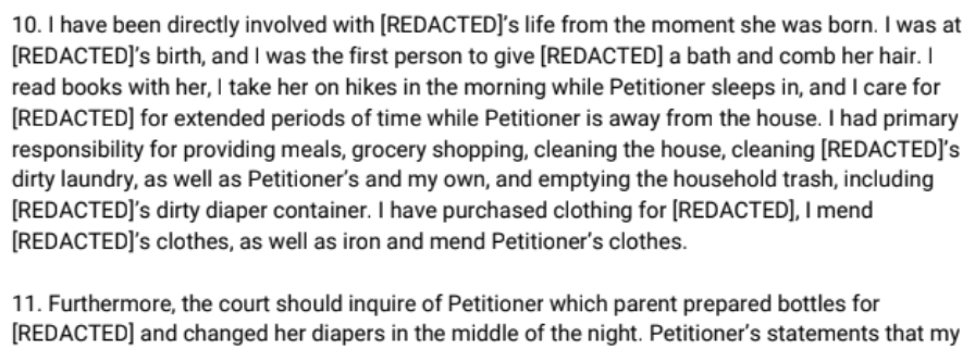 Ted doesn't just say he loves [M], he takes a paragraph to describe his relationship with his then-16 month old child."I have been directly involved with [M's] life from the moment she was born..."4/d-iii