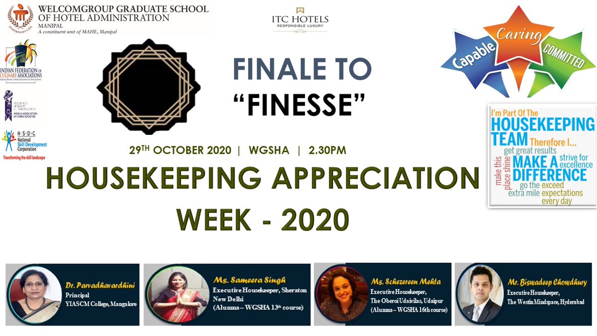 WGSHA is happy to organize an online event - FINALE TO “FINESSE”, Housekeeping Appreciation Week represents a special opportunity to acknowledge the outstanding efforts of the housekeeping professionals and thank them for a job well done.
#housekeeping
#appreciation
#Online https://t.co/uKGMJAlsWa