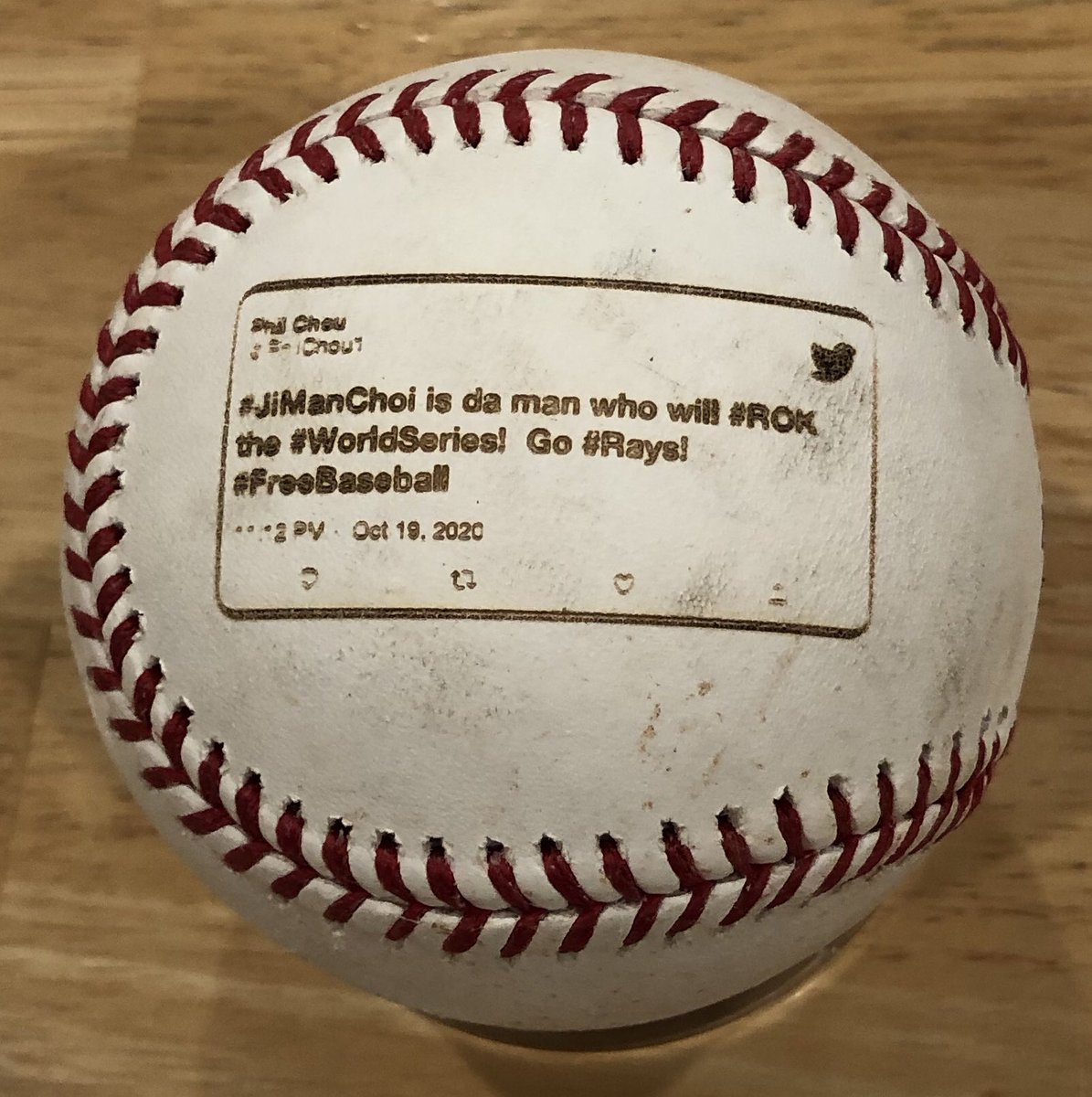 PhilChou1's tweet photo. What a great #WorldSeries #freebaseball keepsake!  감사합니다 ⁦@MLB⁩! #GoRays #Ji_Man_Choi https://t.co/1c0PMjX2DY