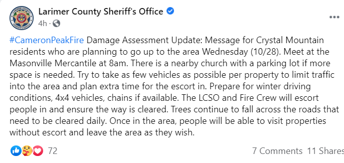 CEDRdigital's tweet photo. #CrystalMountain Residents planning to visit their property see important info ⬇️
✔️Where to meet and when: 8am Masonville Mercantile
✔️Prepare for winter travel ❄️
✔️Limit the number of vehicles
#CameronPeakFire #LarimerCO https://t.co/HPEp3bgVWw