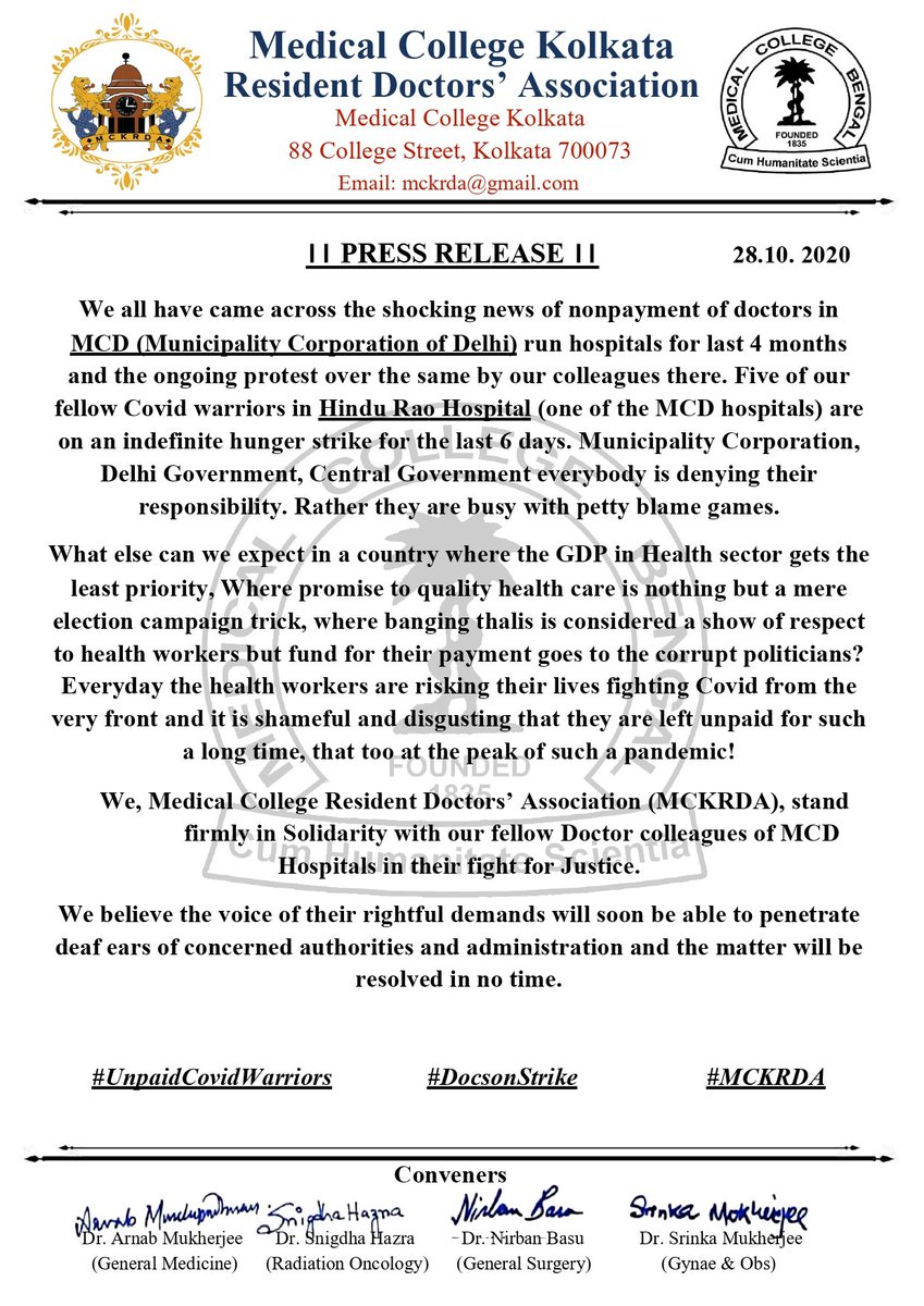 mckrda's tweet photo. We, Medical College Resident Doctors’ Association (MCKRDA), stand firmly in Solidarity with our fellow Doctor colleagues of MCD Hospitals in their fight for Justice. @FordaIndia @AIIMSRDA @MCDSA1
#unpaidcovidwarriors
#savethesaviours
#docsonstrike
#salarydo
#mckrda https://t.co/c6T1bWCkTJ