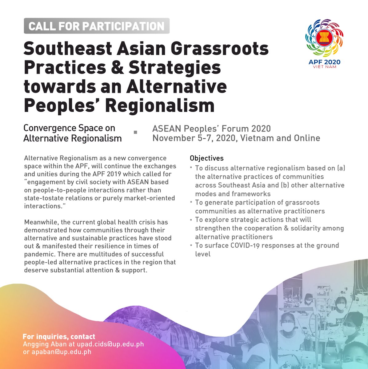 Lawan_UPAltDev's tweet photo. [Call for Participants and Coorganizers for the ASEAN Civil Society Conference/ ASEAN Peoples Forum @AseanPF   Convergence Space on Alternative Regionalism] 

For offline and online participants. kindly register on or before November 2, 2020, at https://t.co/BZegUVOksP 

#APF2020 https://t.co/pwYFJ2np7O
