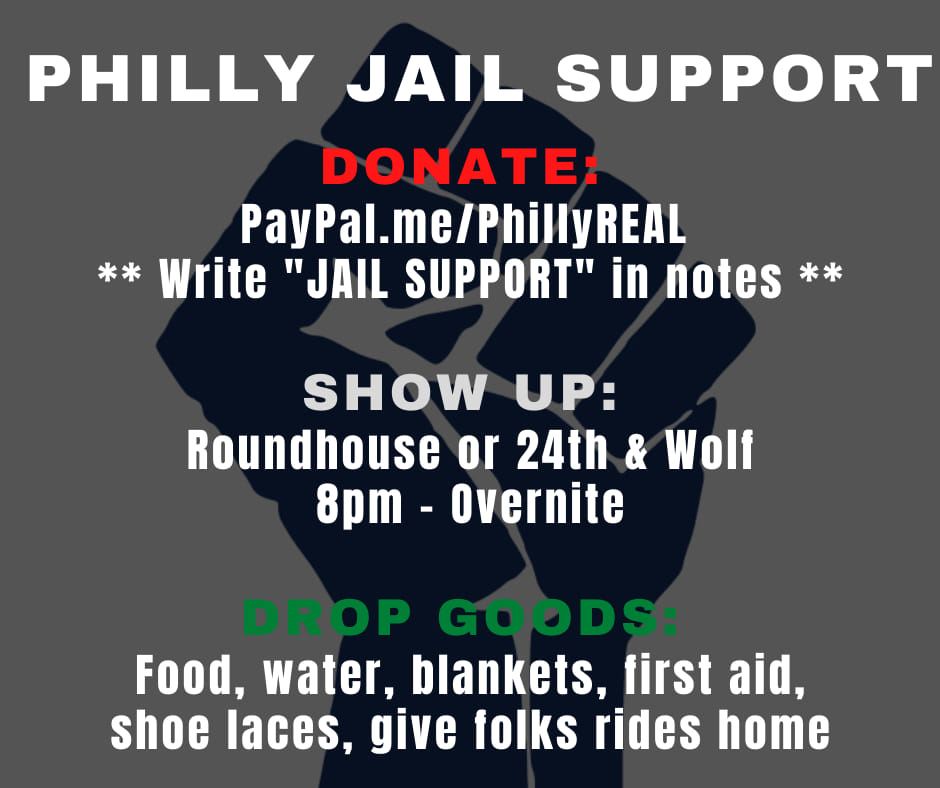 BelleUnplugged's tweet image. Philly! Jail support is needed at the Roundhouse and 24th and Wolf. 
PayPal: PhillyReal (write jail support in the notes)

They need folks on the ground overnight. You can also drop off supplies or give folks rides home.
#OTGWestPhilly #phillyprotests #PhillyUprising