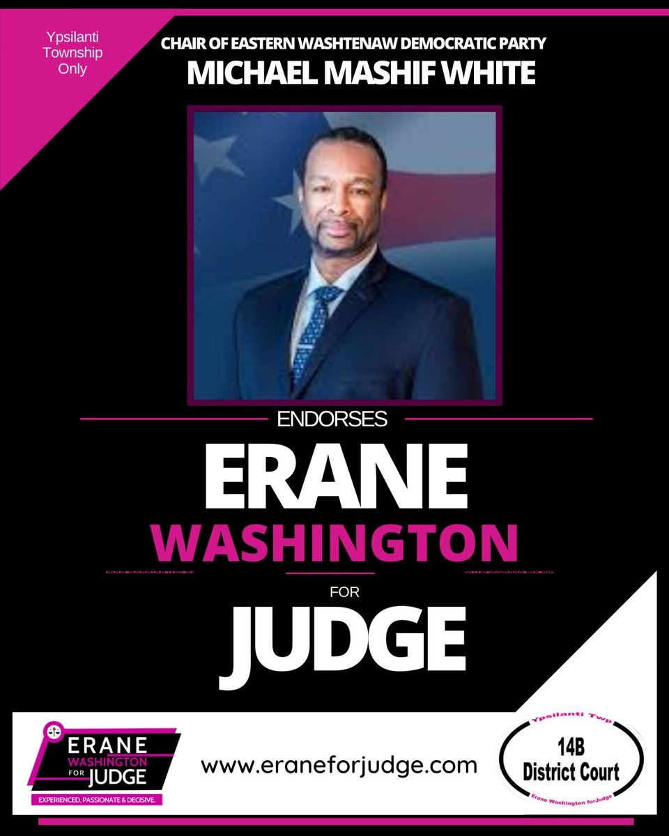 erane4Judge's tweet photo. The CTE Elect Erane C. Washington Judge is proud to announce the endorsement of Michael Mashif White, the Chair of the Eastern Washtenaw Democratic Party.  Thank you for your endorsement Michael.

#TeamErane https://t.co/8l1uqmw6Kq