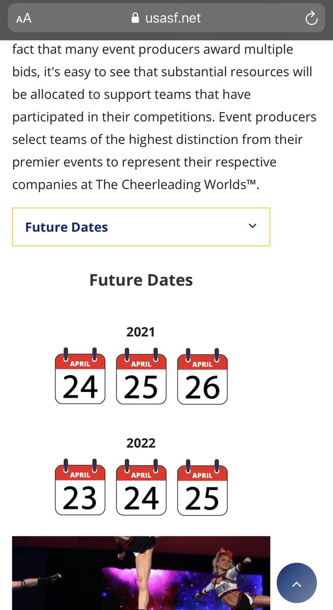 cheerUPDATES's tweet photo. A MARATHON OF EVENTS‼️
In a bizarre twist to the season, #UCA College Nationals has announced dates of April 27-28, 2021 -  piggyback on the @USASFcheer World Championship advertised dates of April 24-26, 2021 &amp; immediately preceding #TheSummit2021 dates of April 29 - May 2, 2021 https://t.co/beCB87LTgh