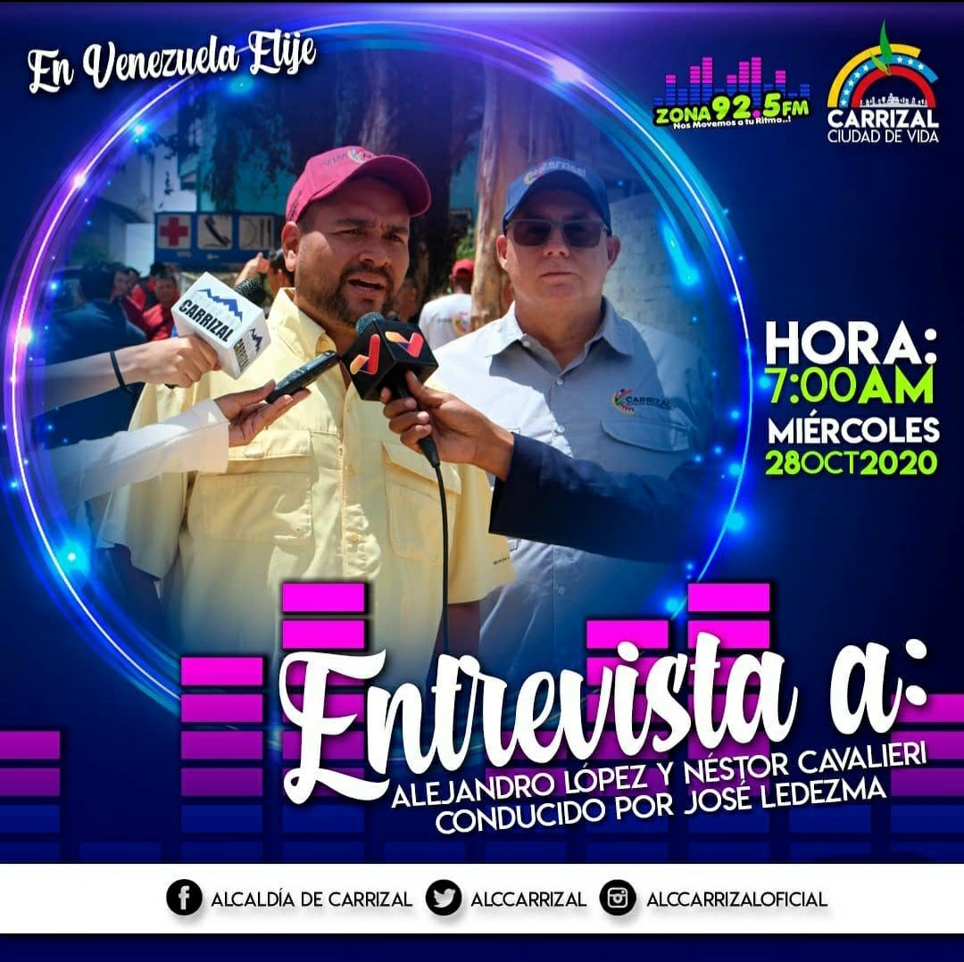radiolazonaweb's tweet photo. #ZonaInforma: Este miércoles 28 de Octubre a la 7:00 am tendremos una entrevista especial en #venezuelaelije @AlcCarrizal con @josemora78 #radiolazona #altosmirandinos https://t.co/fZWvqU2zC5