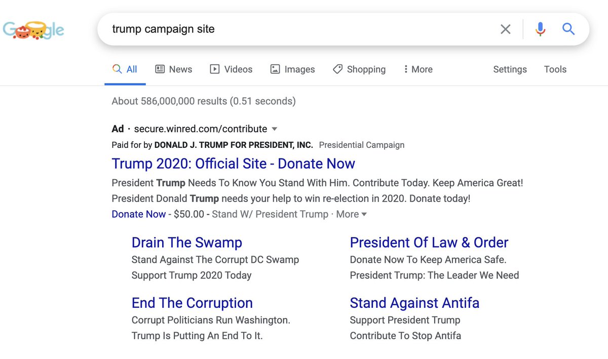 Google search for 'trump campaign site' showing Trump campaign ad