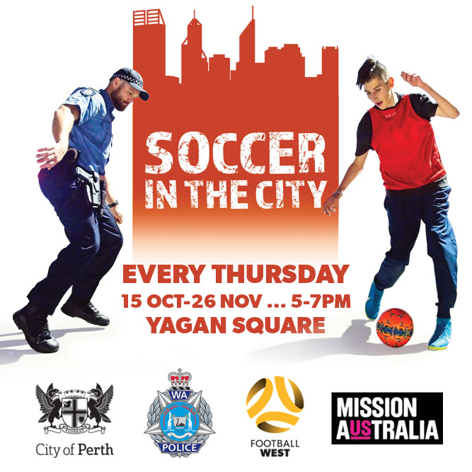Perth Police (@perthpol) on Twitter photo Soccer (football) in the City is a great youth engagement initiative set up in partnership with <a href="/MissionAust/">Mission Australia</a> <a href="/CityofPerth/">City of Perth</a> <a href="/FootballWest/">Football West</a> @DevelopmentWA <a href="/YaganSquare/">Yagan Square</a> and our officers from <a href="/PerthPol/">WA Police Force - Perth District</a> and @WembleyPol.
Held over the next few Thursday's at Yagan Square from 5pm to 7pm Soccer (football) in the City is a great youth engagement initiative set up in partnership with <a href="/MissionAust/">Mission Australia</a> <a href="/CityofPerth/">City of Perth</a> <a href="/FootballWest/">Football West</a> @DevelopmentWA <a href="/YaganSquare/">Yagan Square</a> and our officers from <a href="/PerthPol/">WA Police Force - Perth District</a> and @WembleyPol.
Held over the next few Thursday's at Yagan Square from 5pm to 7pm