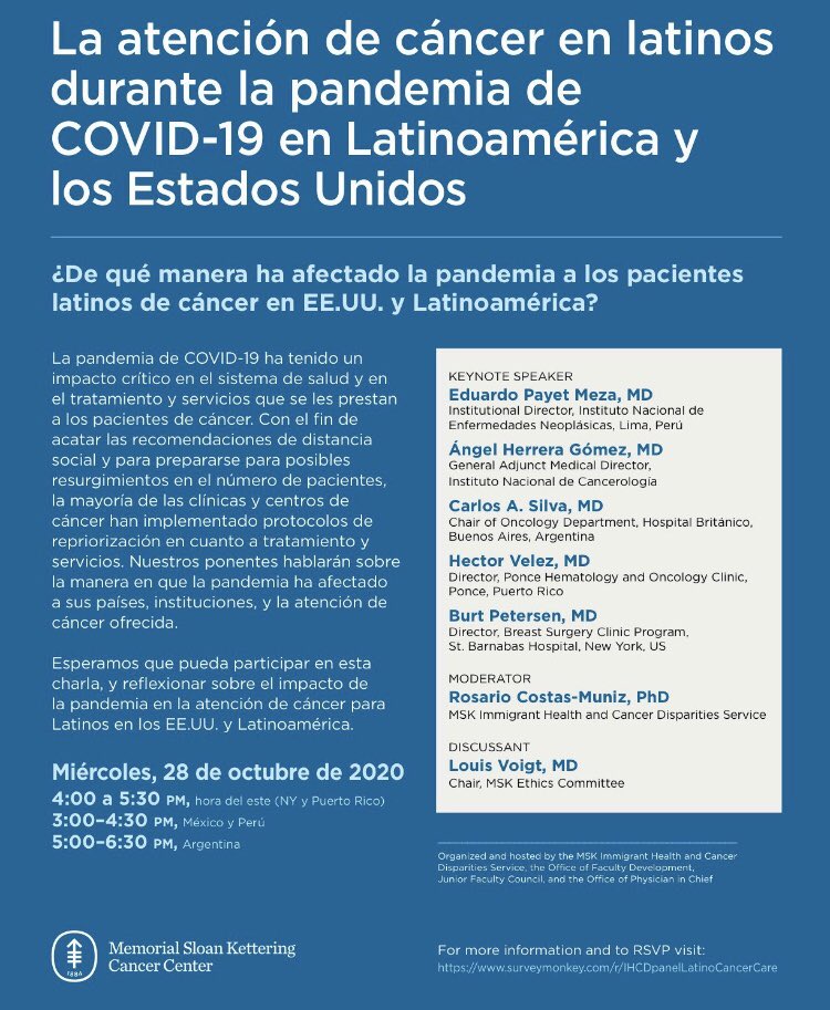 MontanaFernanda's tweet photo. Los invitamos al Panel de Expertos: LA ATENCIÓN DE CÁNCER EN LATINOS DURANTE LA PANDEMIA DE COVID-19 EN LATINOAMERICA Y ESTADOS UNIDOS, organizado por el MKSCC, y promovido por FIPOL  
Registro: https://t.co/HcqDivQezU
Evento gratuito . https://t.co/PZAMlbe4Xu