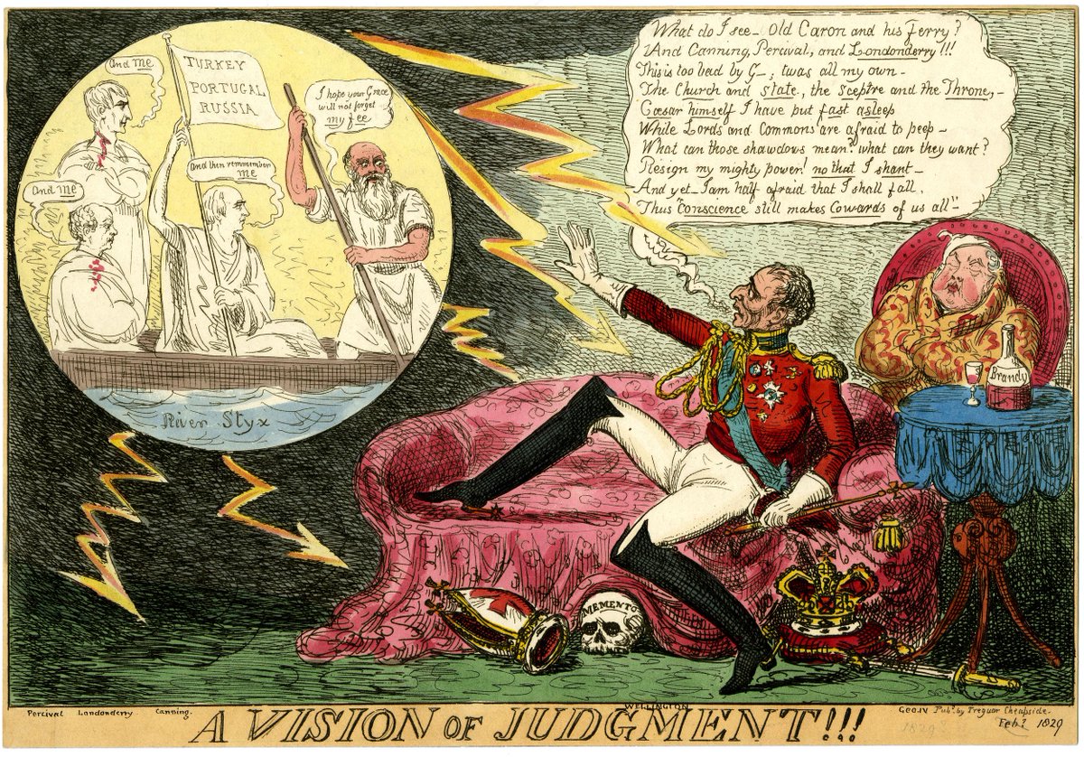 For the last  #WellingtonWednesday before Halloween, a ghostly vision. In Isaac Cruikshank's caricature 'A Vision of Judgement' (c1829), Wellington is haunted by a vision of Charon rowing three ghostly figures across the River Styx (a reference to Dante's 'Inferno'). 1/4