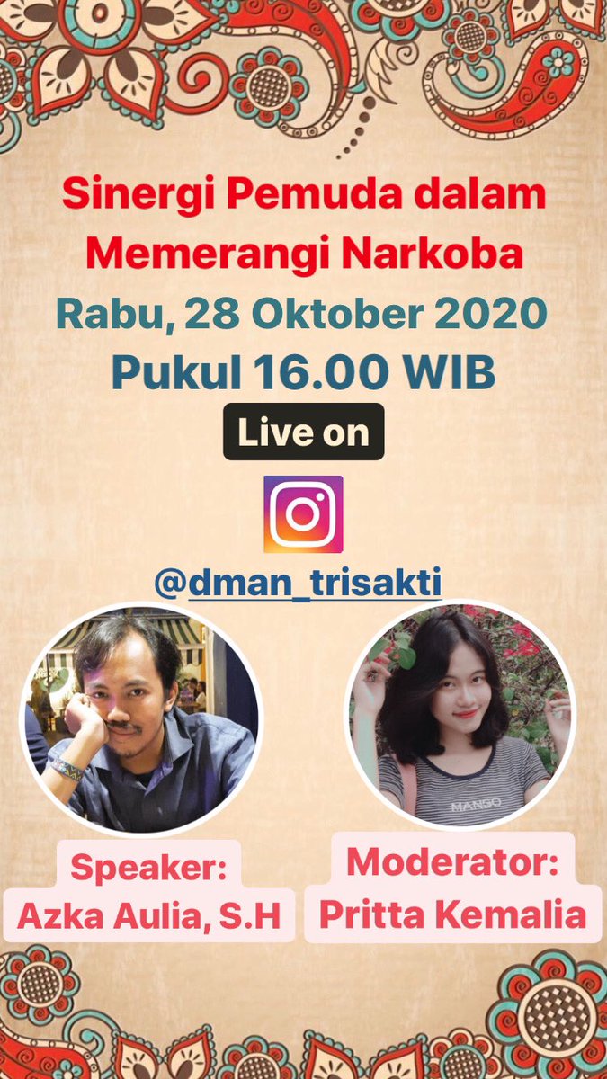 Sore nanti Mimin mau ajak kalian semua untuk ngobrol bersama untuk memperingati Hari Sumpah Pemuda😃
Yuk join live Instagram <a href="/dman_trisakti/">Divisi Mahasiswa Anti Narkoba Universitas Trisakti</a> jam 4 sore nanti!
Speaker nya ga kaleng2 nihh