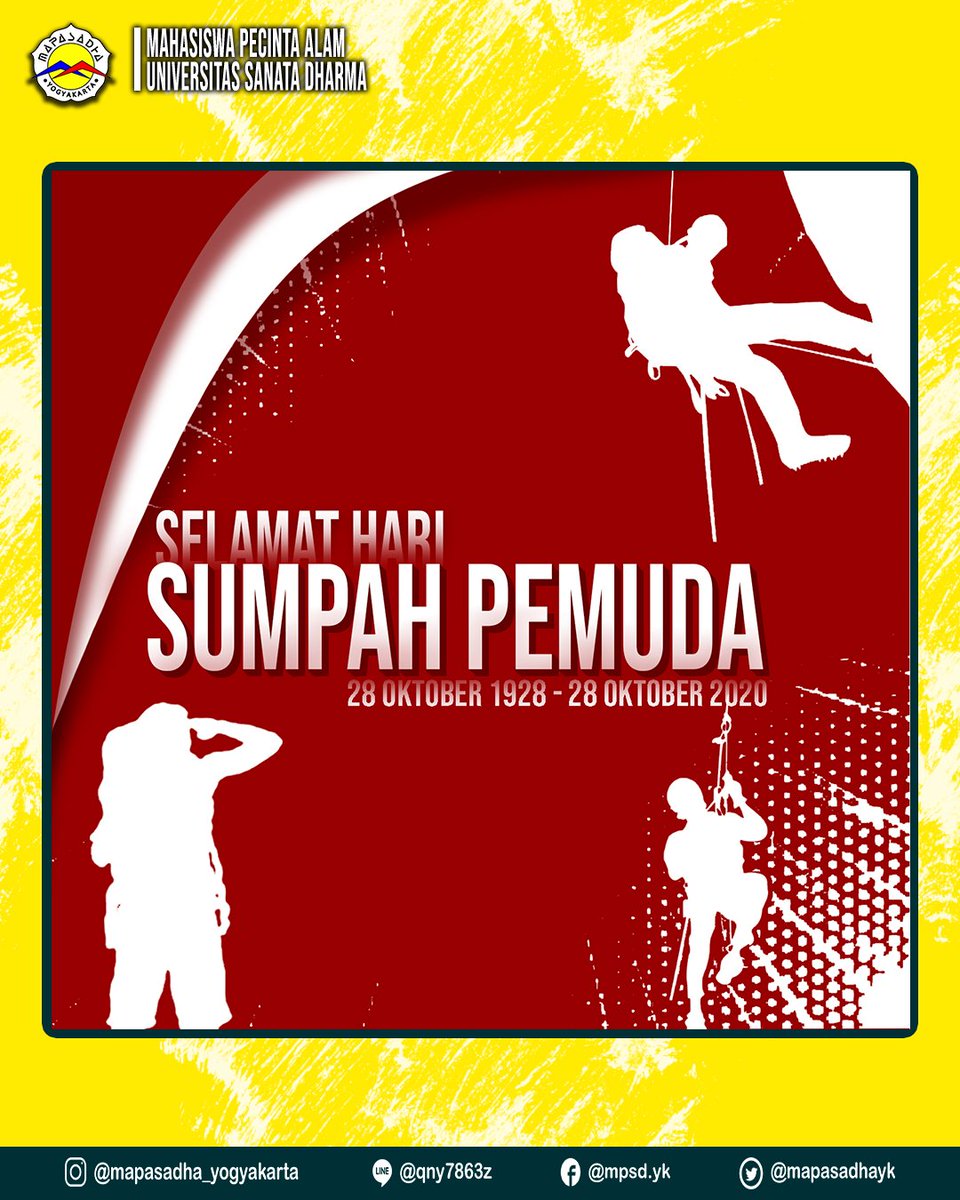 [Hari Sumpah Pemuda]

Selamat memperingati Hari Sumpah Pemuda. Semoga semangat juang para pemuda 92 tahun lalu tidak akan pernah lekang oleh waktu. Mari kobarkan semangatmu para generasi muda untuk kemajuan Indonesia.

#mapala
#HariSumpahPemuda