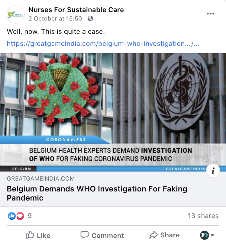 This fake nurses group (which is followed by many top UCP government staffers) has also been spreading a lot of debunked COVID-19 conspiracies and disinformation on its Facebook account: