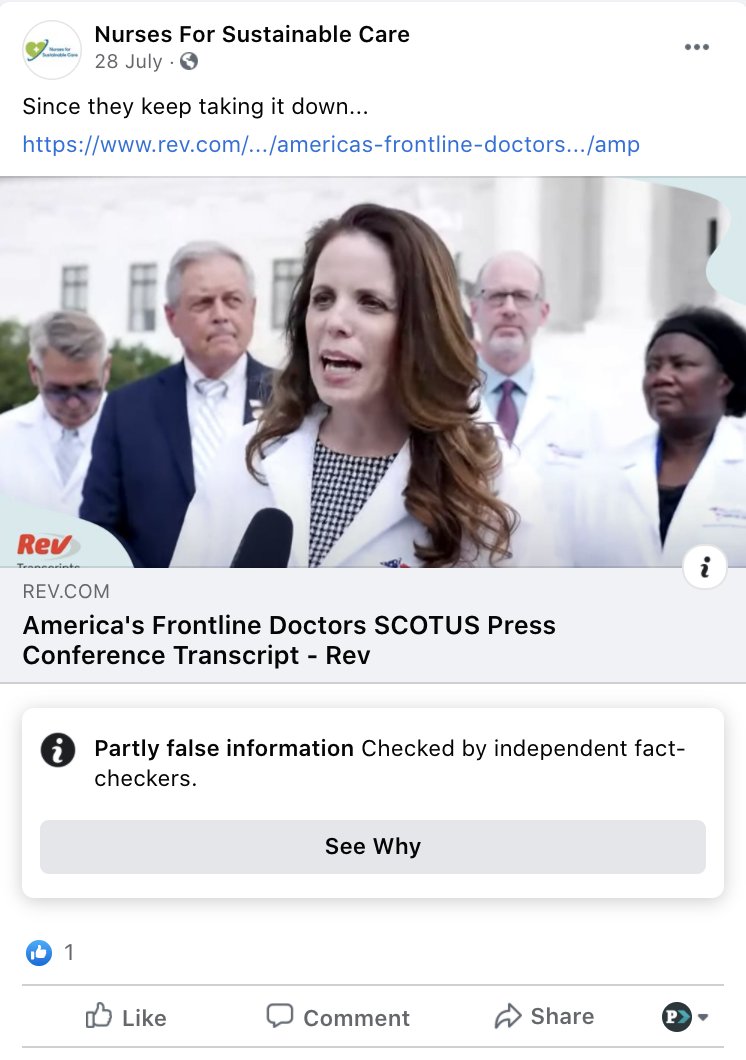 This fake nurses group (which is followed by many top UCP government staffers) has also been spreading a lot of debunked COVID-19 conspiracies and disinformation on its Facebook account: