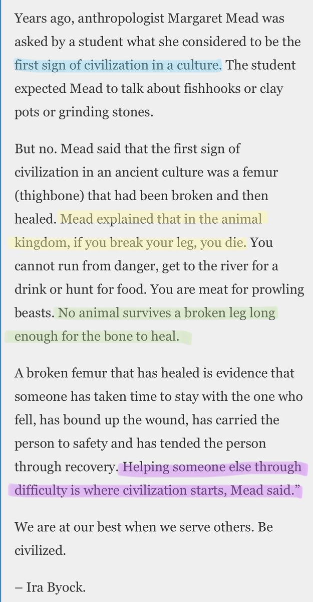 david_perell's tweet photo. Margaret Mead once said that civilization begins with a broken leg, and I can’t stop thinking about it https://t.co/myt2LIQBsM