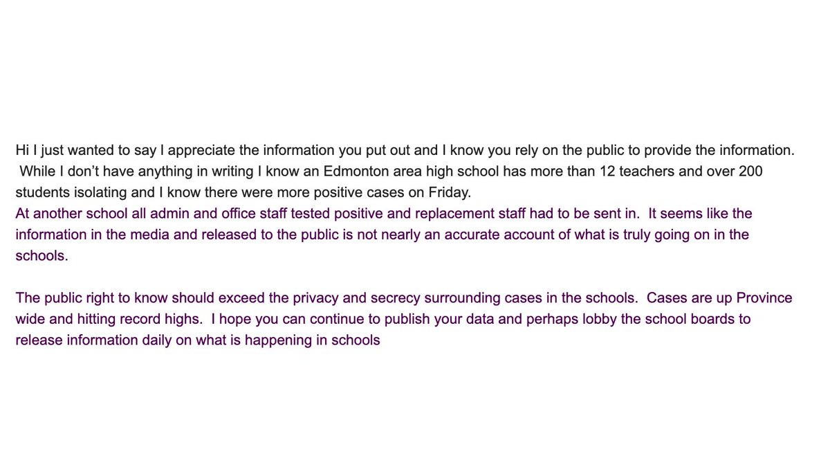 SOSAlberta's tweet image. A sample of what's in our inbox:

"I know an Edmonton area high school has more than 12 teachers and over 200 students isolating and I know there were more positive cases on Friday...

#WeNeedTransparency #ABEd #ABleg

1/3