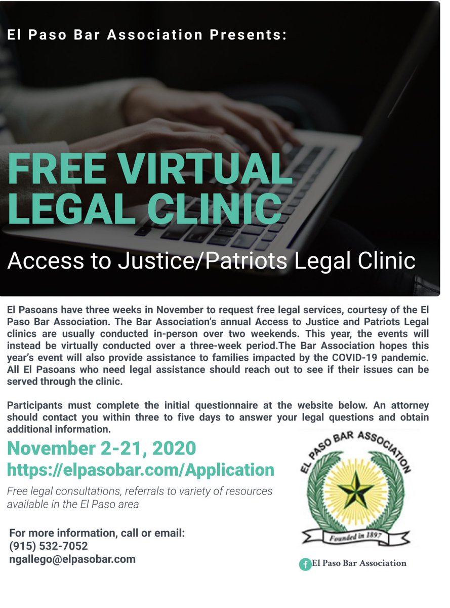 elpbar's tweet photo. To seek help, fill out the form at  https://t.co/rexlB2h1Bv

REQUESTS WILL NOT BE REVIEWED UNTIL THE EVENT BEGINS ON NOVEMBER 2

If you are an attorney and would like to volunteer, please sign-up at https://t.co/sXL0S5a1Ww

For more information, e-mail ngallego@elpasobar.com https://t.co/s2JMSdagmD