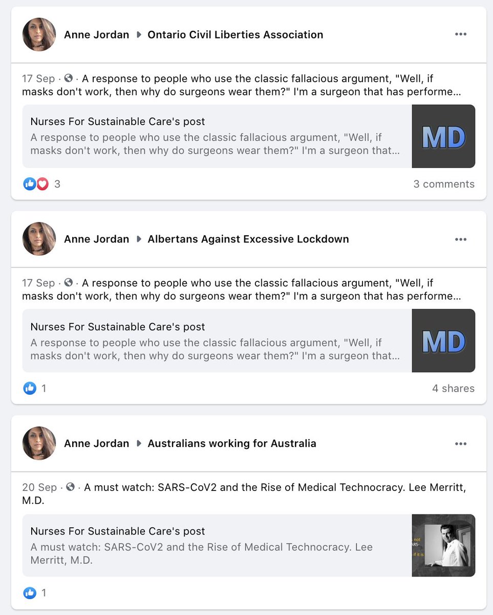 As  @Ella_Henry noted, UCP activist Anne Jordan (also linked to Kenney's kamikaze scheme) is one of the biggest boosters of the fake nurses group.For months she's been sharing their content in FB groups devoted to covid conspiracies, anti-lockdown protests and the far-right.