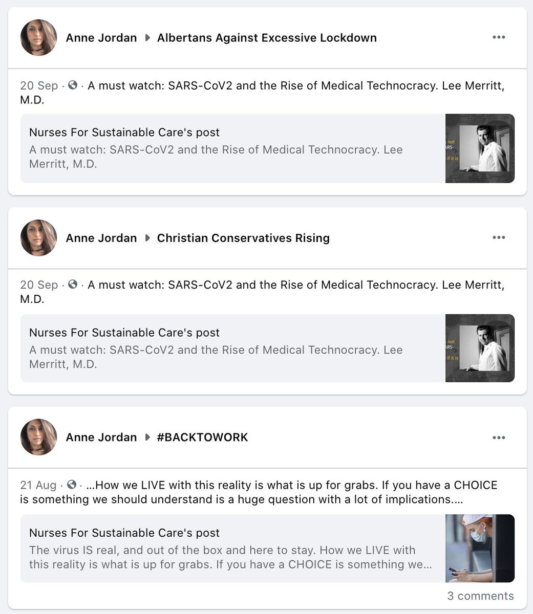 As  @Ella_Henry noted, UCP activist Anne Jordan (also linked to Kenney's kamikaze scheme) is one of the biggest boosters of the fake nurses group.For months she's been sharing their content in FB groups devoted to covid conspiracies, anti-lockdown protests and the far-right.