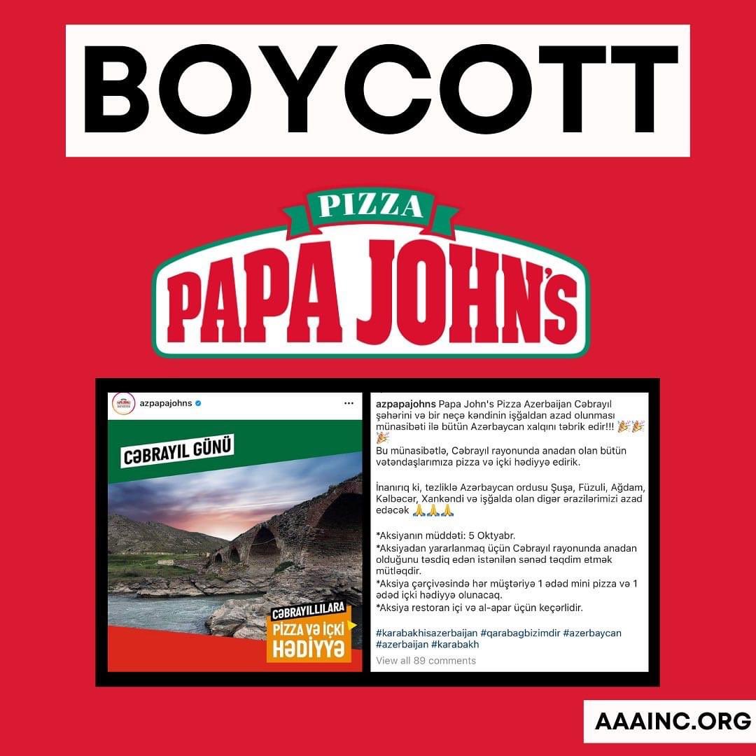 NoraArouchian's tweet image. Seriously @PapaJohns ! Free pizza and drink to celebrate #war against #armenia. This is what your company stands for?  #ActNow as your company is promoting #WarCrimes #Genocide and #hate. #Artsakhstrong