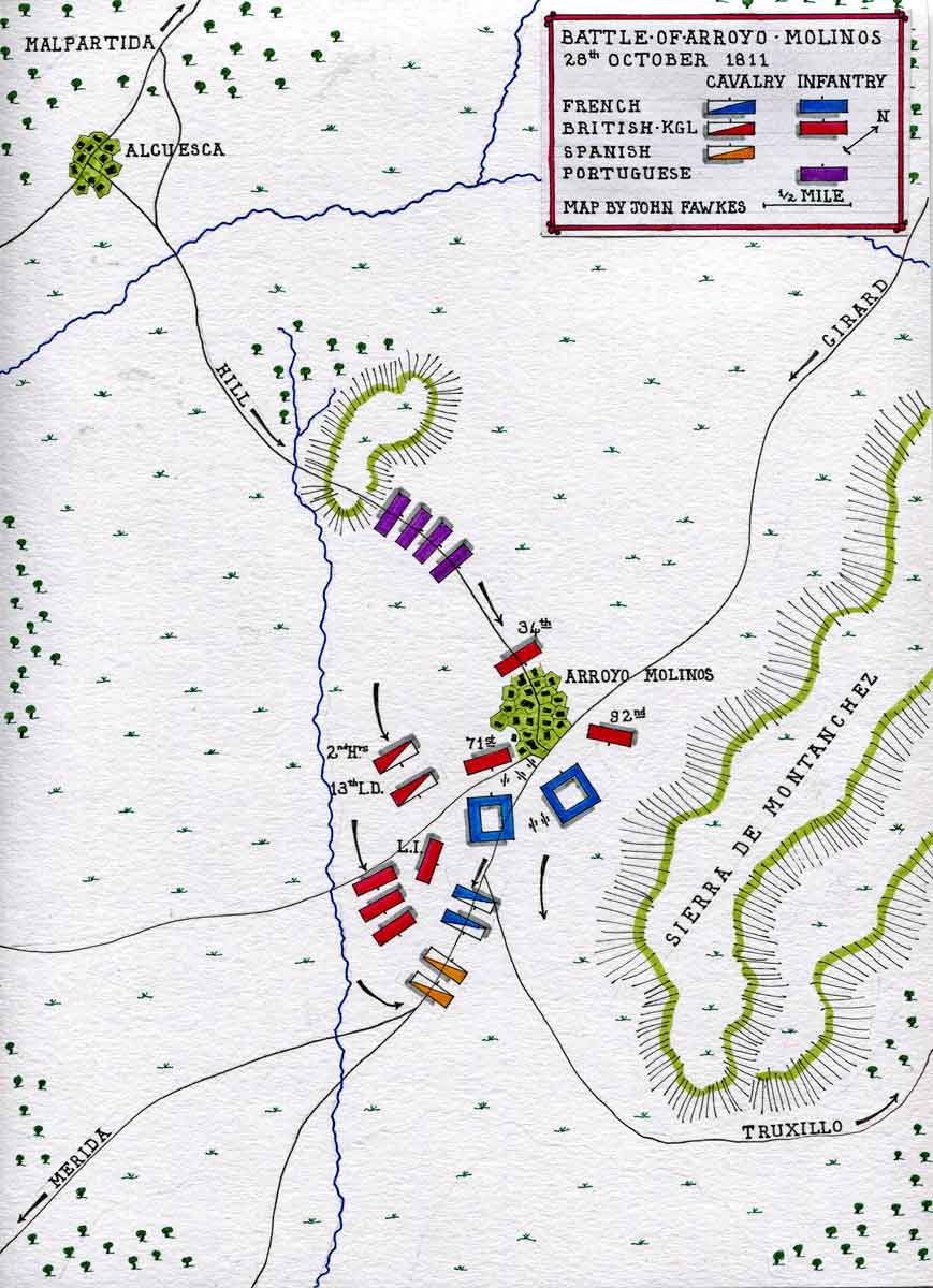 This week's  #WellingtonWednesday is the Battle of Arroyo dos Molinos. Fought  #OnThisDay 28 Oct 1811.Commanded by Gen. Rowland Hill, who'd asked Wellington's to engage the enemy Division of Gen. Girard, it was a decisive victory, destroying the French for few casualties. #OTD