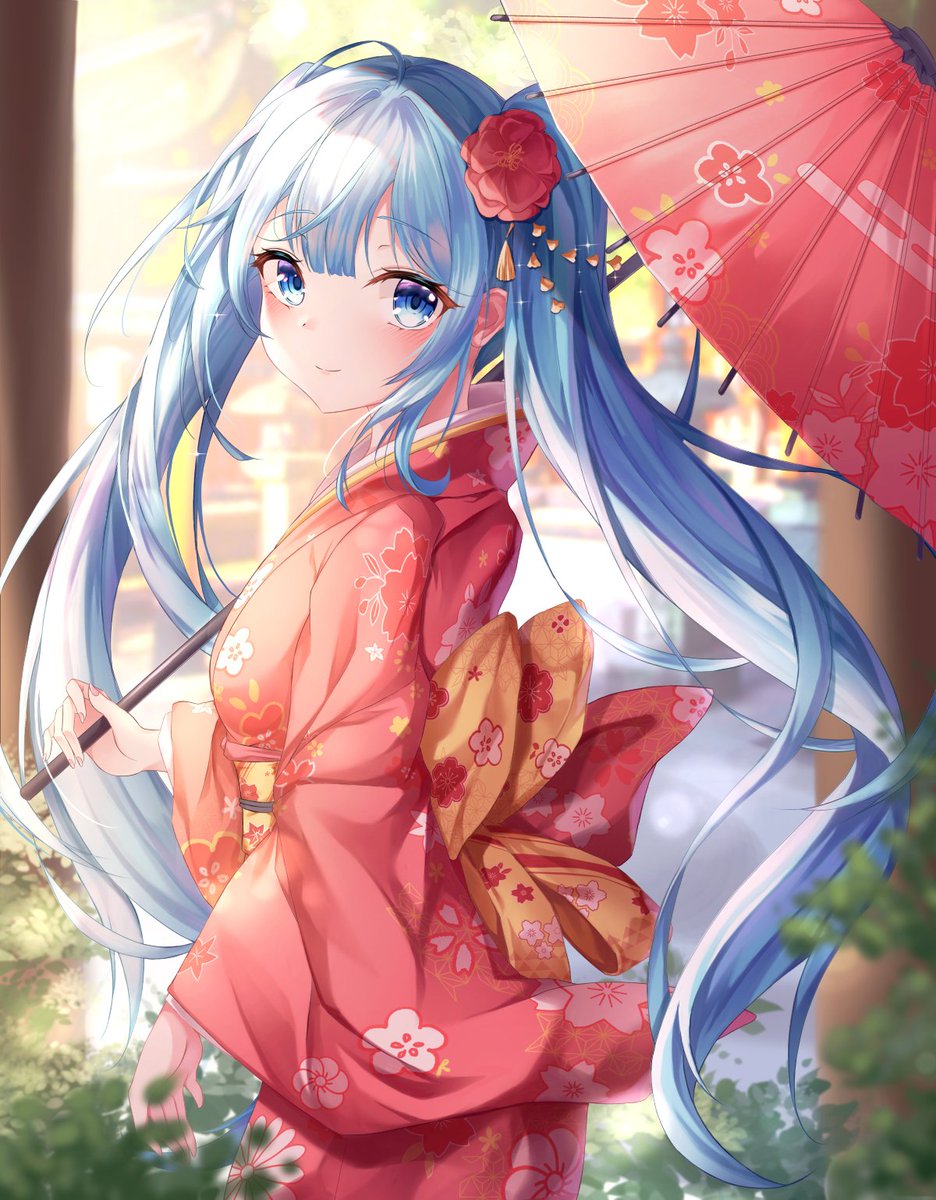 hatsune miku 1girl solo japanese clothes kimono long hair umbrella hair ornament  illustration images