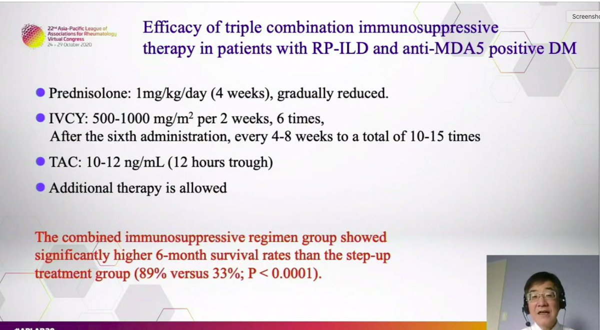 _connectedcare's tweet photo. Treatment strategy for ILD associated with anti-MDA5+ Dermatomyositis. 

No great evidence base but aggressive given how difficult to treat this is. Here's some Japanese recommendations #APLAR20 https://t.co/bSwNlfTKhQ