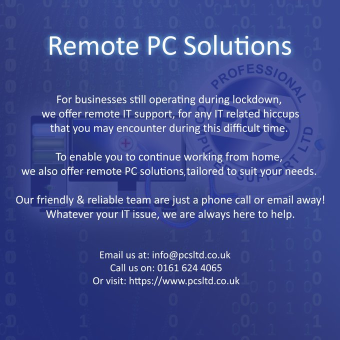 PCS_LTD_Social's tweet photo. PCS are still here to help &amp; offer remote #itsupport during these difficult times. 

We also offer remote PC solutions, to enable you to continue working from home. 🖥️

Email us on info@pcsltd.co.uk or visit https://t.co/MGkzI8JeF5 

#manchester #itsupport #tech #itservices https://t.co/NoVtkqLYtT