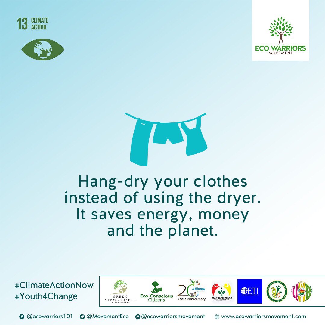 CLIMATE ACTION CAMPAIGN DAY 3
Every step you take in efficiently using energy is a step to protect the planet from Climate Change. When you wash using the machine or otherwise hang-dry the clothes instead of using the dryer. 
#ClimateActionNow