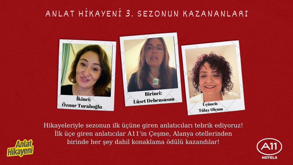 AHikayeni's tweet photo. Anlat Hikayeni 3. Sezon Finalini dün online olarak Instagram üzerinden gerçekleştirdi! Senaristbir başkanı Ayhan Sonyürek'in jürilik yaptığı online etkinlikte hikayesini paylaşan anlatıcılardan Lüset Debensason birinci, Öznur Turalıoğlu ikinci ve Tülay Olçum üçüncü oldu. https://t.co/OO2Ljt9UWL