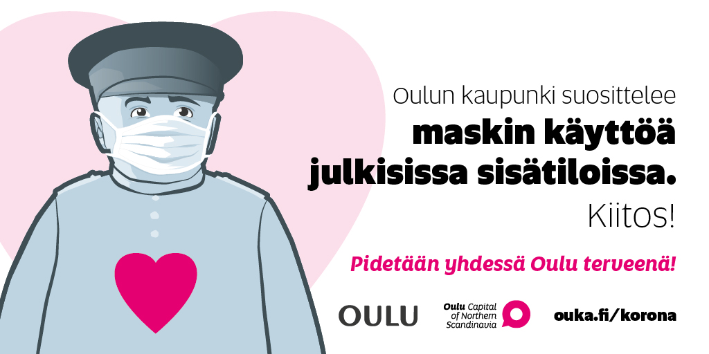 oulunkaupunki's tweet photo. Oulun kaupunki suosittelee maskin käyttöä julkisissa sisätiloissa ja yleisötapahtumissa 29.10.-12.11. välisenä aikana.  Lue tarkemmin myös muista suosituksista tiedotteesta https://t.co/4A1r8R8lRT https://t.co/1z1CrycQFP