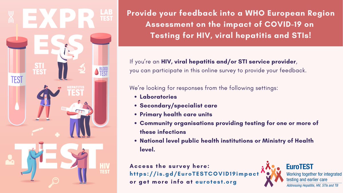 Europeans working with #HIV #STI and #hepatitis testing please respond to this @EuroTESTorg survey on #COVID19 impacts on testing. Results will inform @ECDC_HIVAIDS support to countries. is.gd/EuroTESTCOVID1…