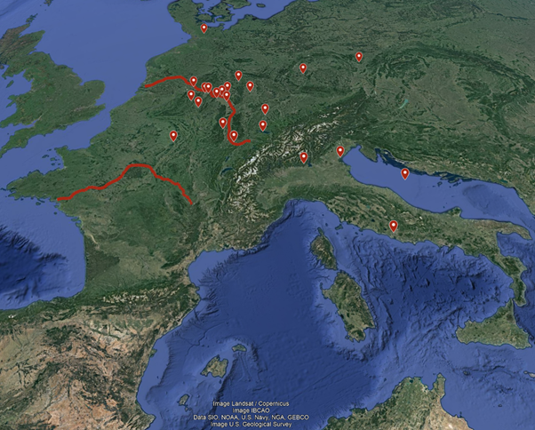 Here are the places mentioned in the Annals of Fulda 855-860 (look how concentrated it is on the Rhine)