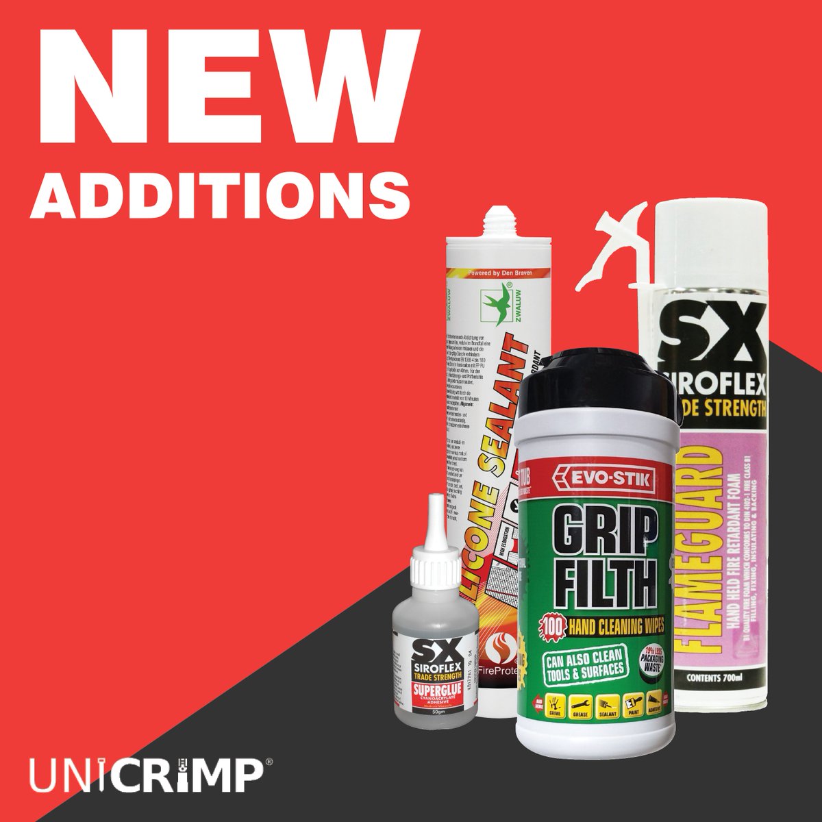 Unicrimp's tweet photo. INTRODUCING our latest Siroflex additions...

Two NEW fire-resistant sealants! Everything you need to know is in the release 👉
https://t.co/xAqX6VnSYG

We have also launched 'Grip Filth' wipes and Siroflex super glue!

#Siroflex #FireResistant #FireSafety #ElectricalInstallation https://t.co/e9stJX8Ee1
