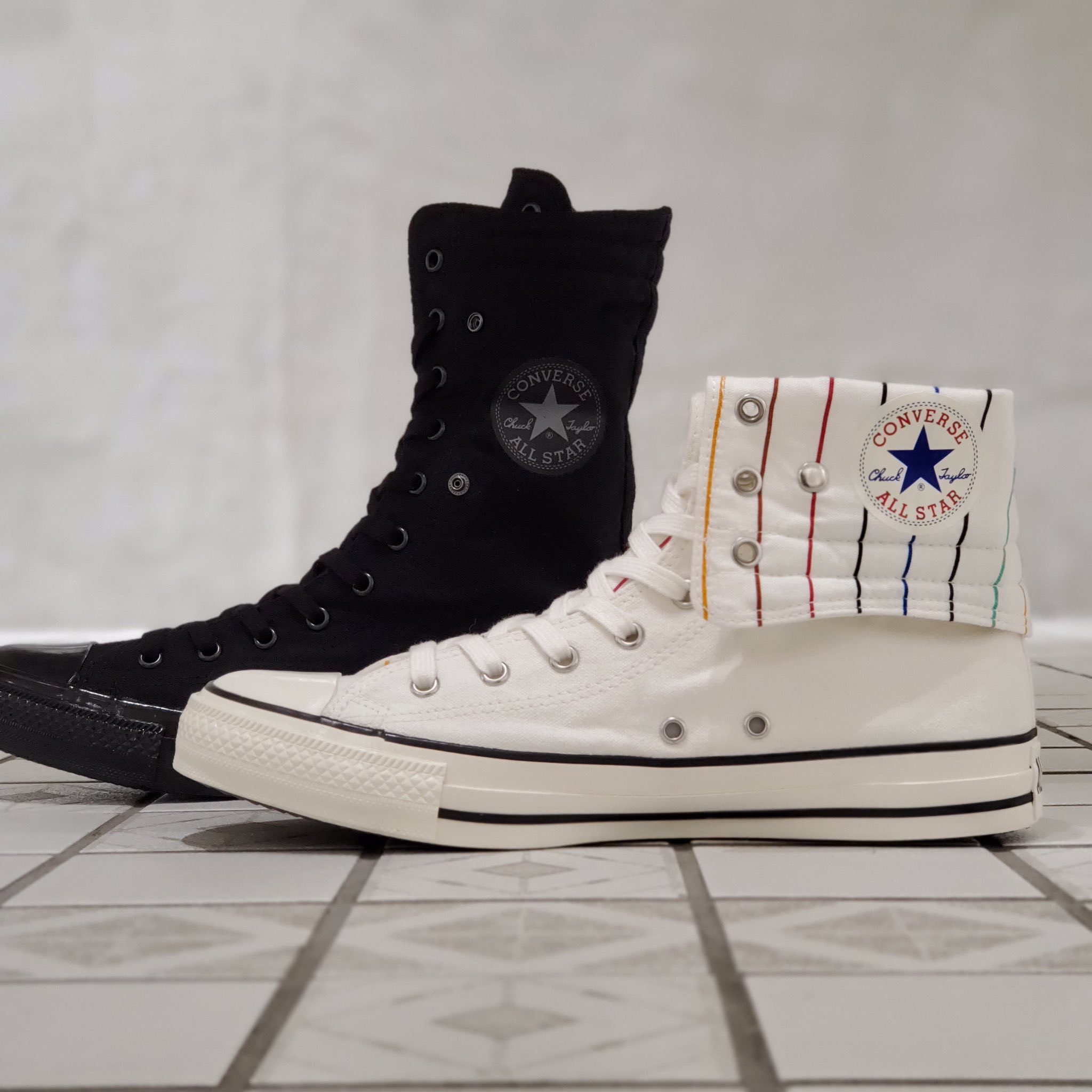 White atelier BY CONVERSE on Twitter: "80年代に発売されたアーカイブモデル「KNEE-HI」を、「U.S.  ORIGINATOR」仕様にアップデート。 アッパーに付いたスナップボタンを使用し、折り返して履くことも可能 —— 【10/23発売】 ALL  STAR US KNEE-HI ¥8,500+tax ...