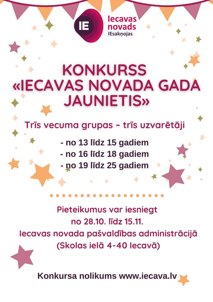 ⭐️Lai iemirdzas jaunas zvaigznes! Konkurss jauniešiem «Iecavas novada Gada jaunietis» atgriežas. ⭐️Vairāk lasi iecava.lv/lv/zinas/jauni… #IEcavasnovads #IEsakņojas #Iecavasjauniešucentrs