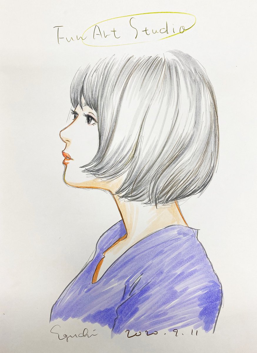 1girl solo short hair traditional media profile simple background bangs  illustration images