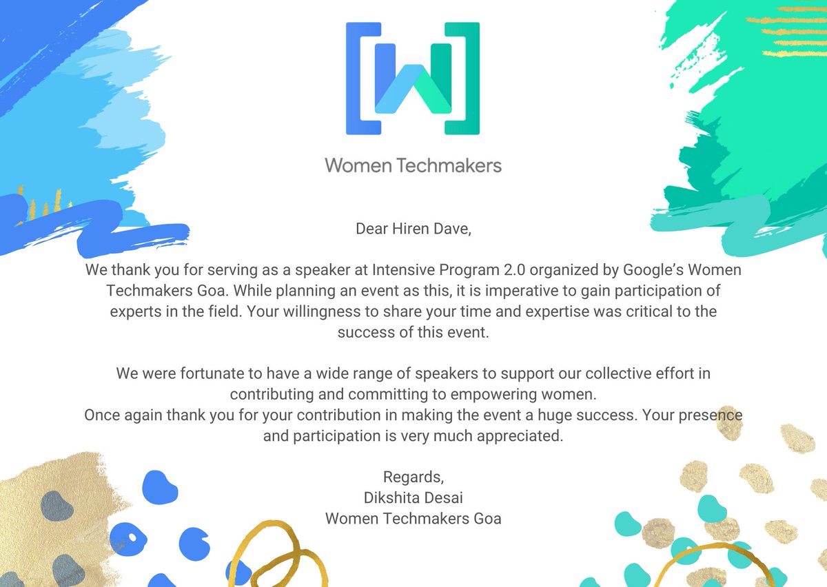 Thank you so much for letter of appreciation <a href="/desaidikshita/">Dikshita Desai</a>  <a href="/GoaWtm/">Women Techmakers Goa</a> 

The experience of workshop was really great and I am happy to see positive feedback and efforts from the attendees of the session.

#WTM #GDG #GDGAtHome