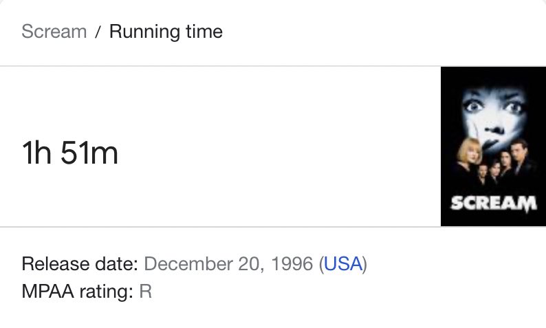 This movie and Scream (1996) have the same amount of running time at one hour and fifty-one minutes.