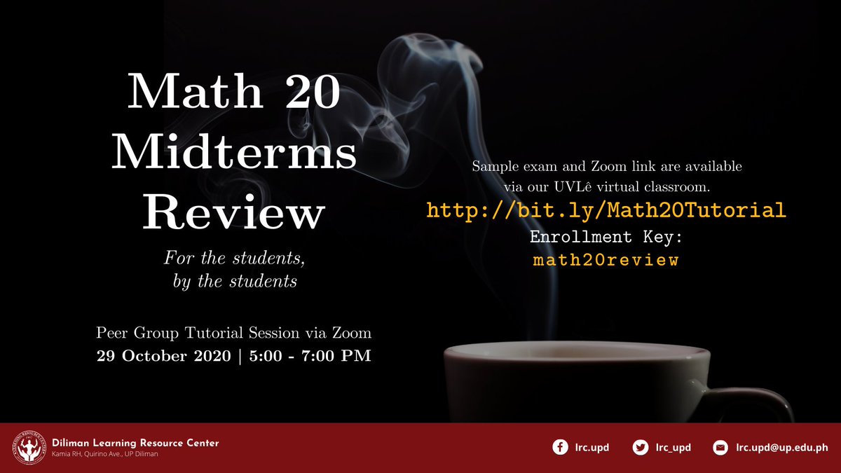 lrc_upd's tweet photo. Kalma bes, #TeamDLRC lang 'to! π
Huwag ka na kabahan, tutulungan tayo ng ating resident #DLRCTutors. Group review tayo bukas, October 29, 5PM.
Sali na kayo samin: https://t.co/MOf3wf4L3t
Enrollment key: math20review
SKL, miss na rin namin magpa #KapihanSaDiliman β https://t.co/hIgkCGJ5Bm