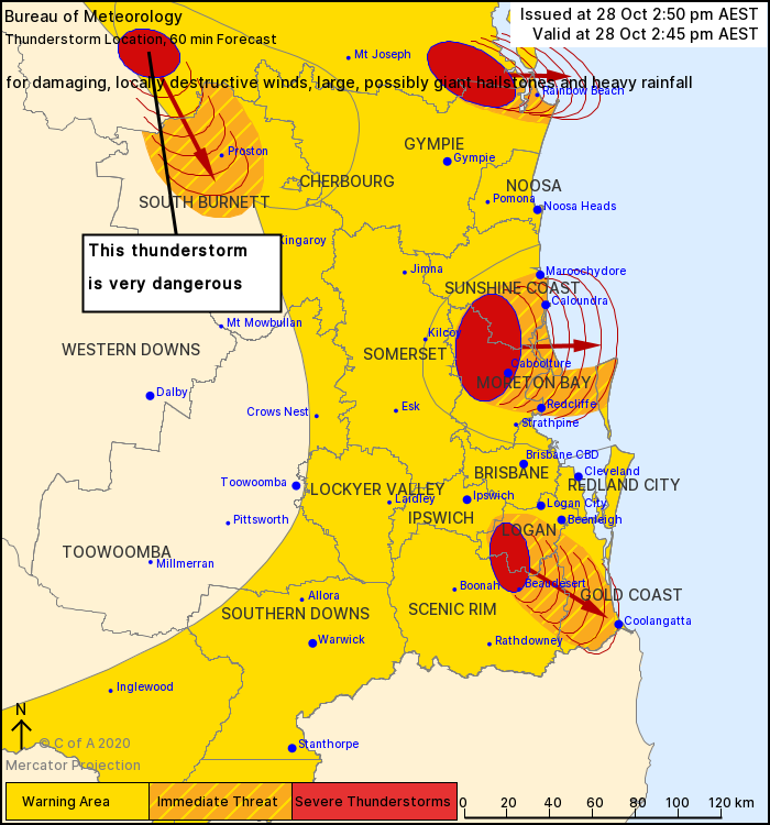RACQOfficial's tweet photo. The thunderstorm near Proston has developed into a very dangerous cell, with destructive winds, large hailstones and intense rainfall set to hit shortly. Please stay indoors, bring your pets inside and stay away from any floodwaters. #QldStorm #QldWeather #RACQInsurance https://t.co/PHbhSIhqdl