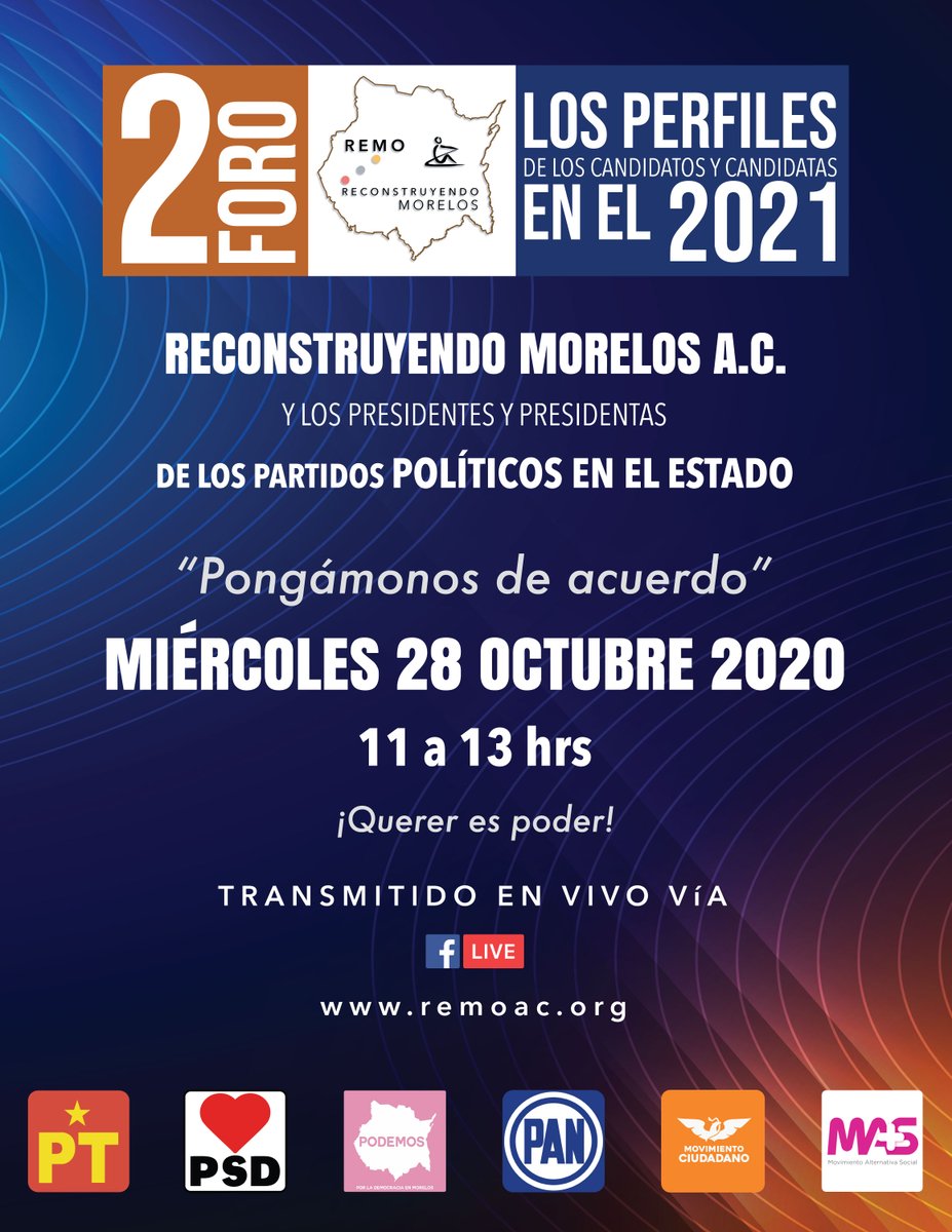 ¡En una hora comenzamos! 

#2doForoREMO

Escuchemos a los Presidentes y Presidentas de los Partidos Políticos en el Estado de #Morelos que nos tienen que decir en relación a la inclusión de Candidatos Ciudadanos hacia el 2021, ¿Inclusión o Exclusión?

cutt.ly/lgEJqid
