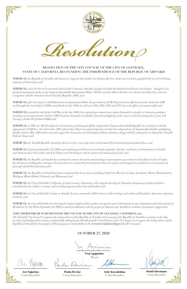 HiKrist's tweet photo. Oct 27, 2020 #Glendale City Council adopted a Resolution recognizing independence of #Artsakh &amp; formally called upon @POTUS &amp; #US #Congress to #RecognizeArtsakh for purpose of bringing peace &amp; stability to Armenian Highlands Region (#SouthCaucasus) #StopAzerbaijaniAggression https://t.co/gbfmb30HiP