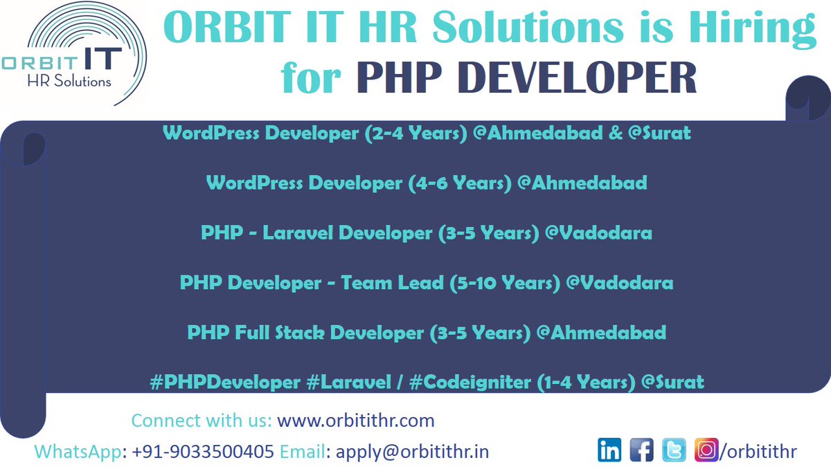 orbitithr's tweet photo. #Hiring #PHPDeveloper at #Ahmedabad #Vadodara &amp; #Surat

2-4 Years, 15-40k PM
4-6 Years, 30-50k PM
#WordPress #PHPProgramming

3-5 Years-30-50k PM
5-10 Years - 45-80k PM
#Laravel #PHP #Programmer

#FullStack
3-5 Years - 30-55k PM
#Laravel #CodeIngitor #VueJS

apply@orbitithr.in https://t.co/TXLo8LI5Se